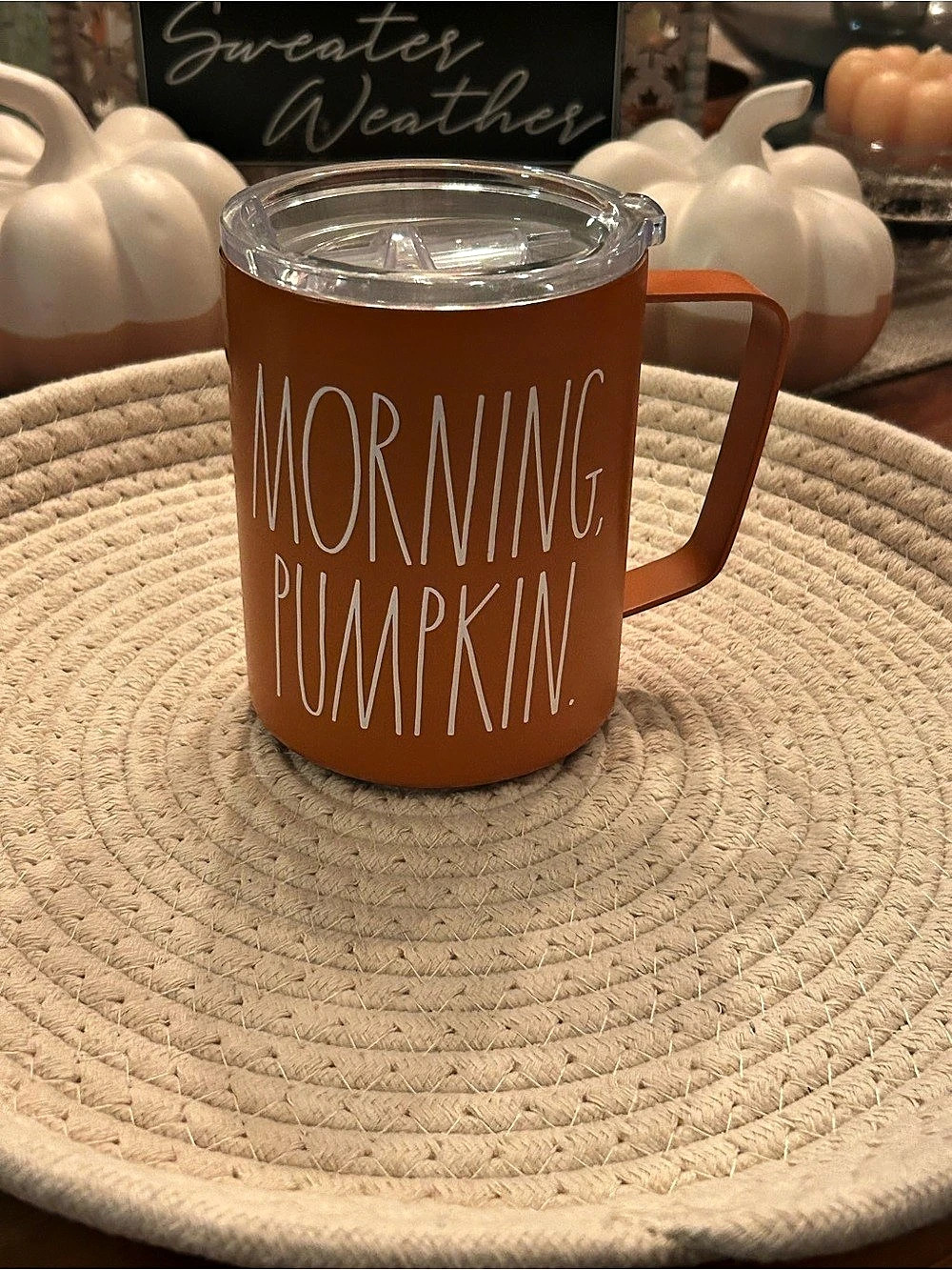 Rae Dunn Morning Pumpkin Travel Mug in Orange